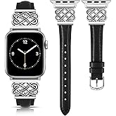 TOYOUTHS Compatible with Apple Watch Bands Women 38/40/41/42mm Dressy Slim Leather Strap with Designer Celtic Knot Interlock Buckle Bracelet for iWatch Series 11 10 9 8 7 6 5 4 SE 3 2 1, Black/Silver