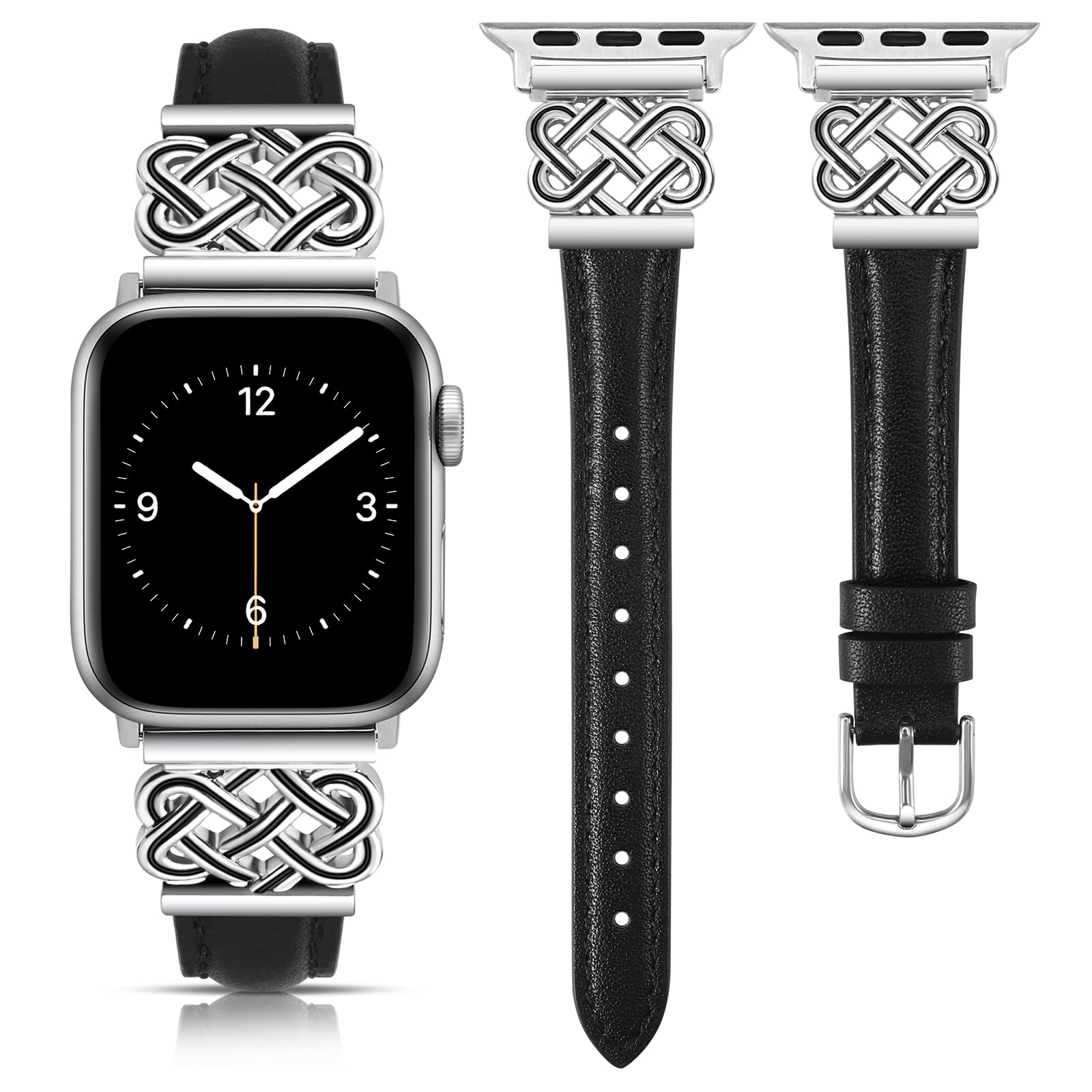 Photo 1 of TOYOUTHS Leather Band Compatible with Apple Watch Bands Women 38/40/41/42mm Dressy Slim Leather Strap with Designer Interlock Buckle Bracelet for iWatch Series 10/9/SE/8/7/6/5/4/3/2/1, Black+Silver