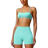 ABOCIW Workout Sets for Women Seamless Bandeau Strappy Sports Bra Scrunch Butt High Waist Biker Shorts Gym Set 2 Piece