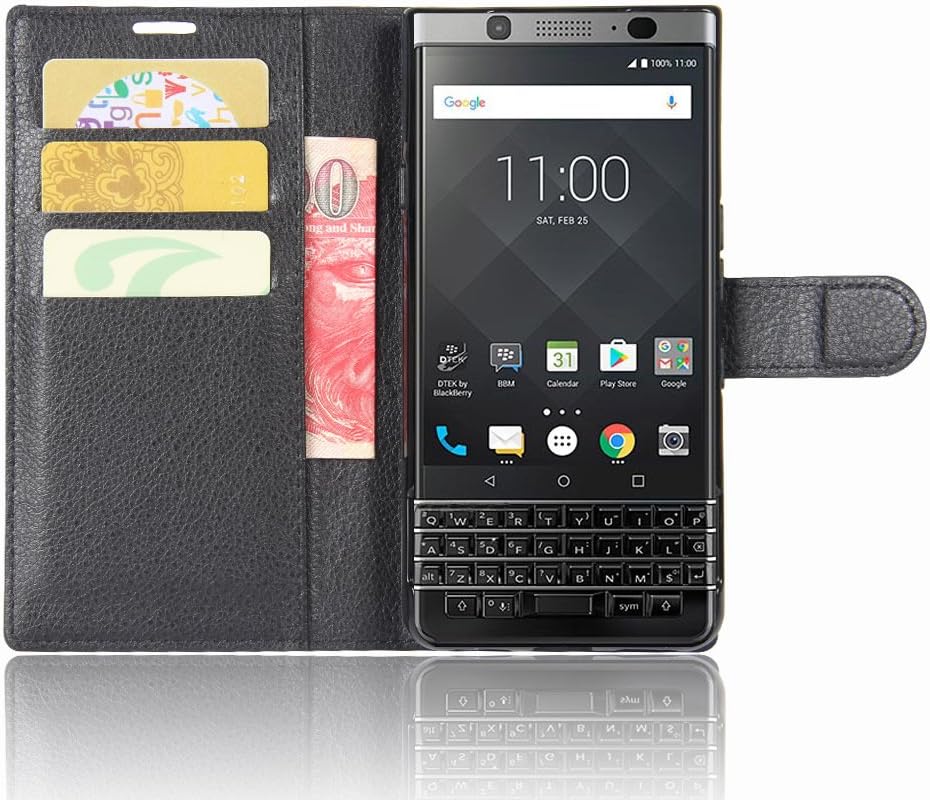 Newzerol for Blackberry Keyone Leather Case Wallet Case Kickstand [Drop Against] and Used as Phone Stand, Wallet and Card Case for Blackberry Mercury DTEK70 [Lifetime Replacement Service]-Black