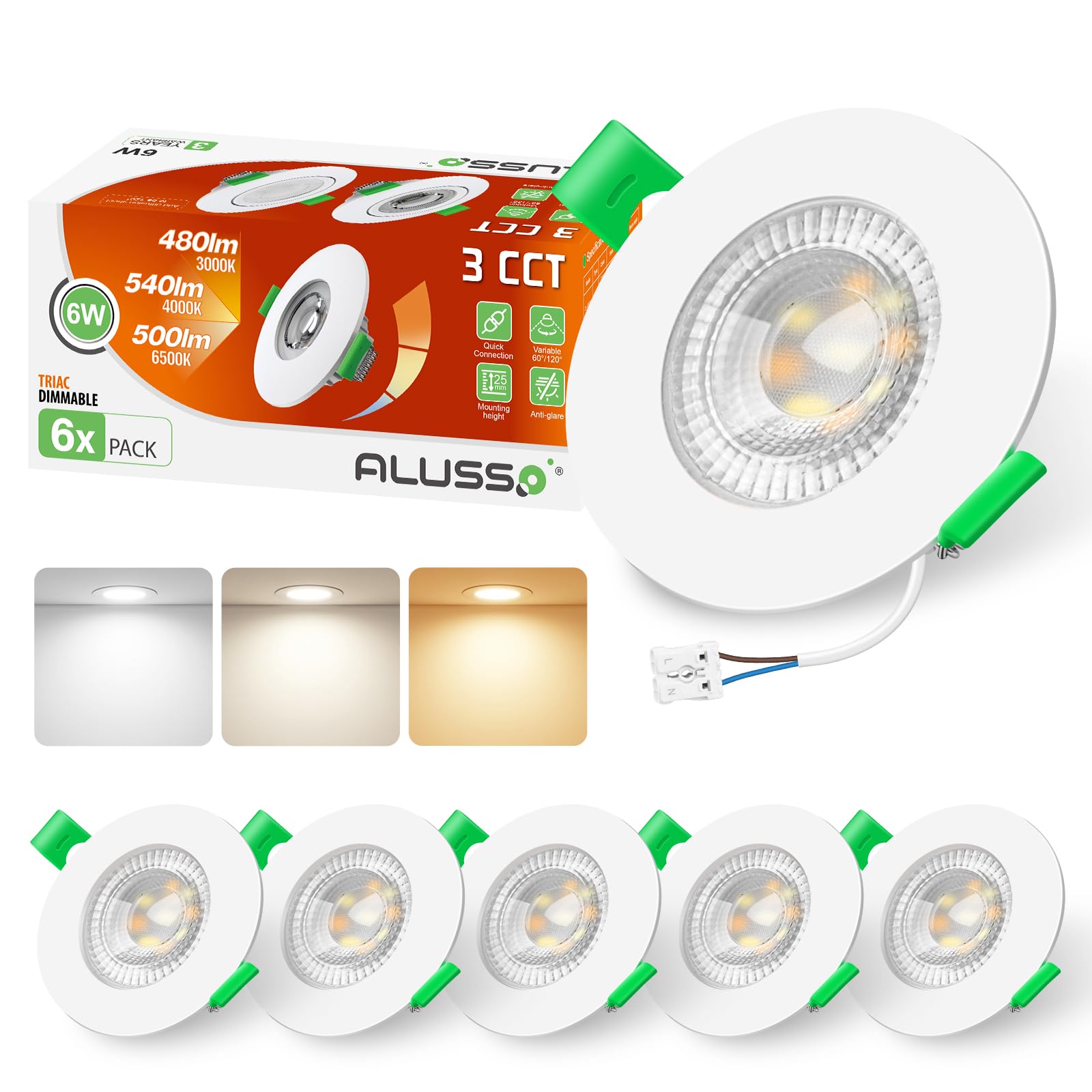 ALUSSO LIGHTING LED Recessed Ceiling Lights 6W 540lm, Ø68mm Downlight for Ceiling, Dimmable 3CCT Warm White 3000K Neutral White 4000K Cool White 6500K, IP44 Spotlights for Bathroom, 6Pack