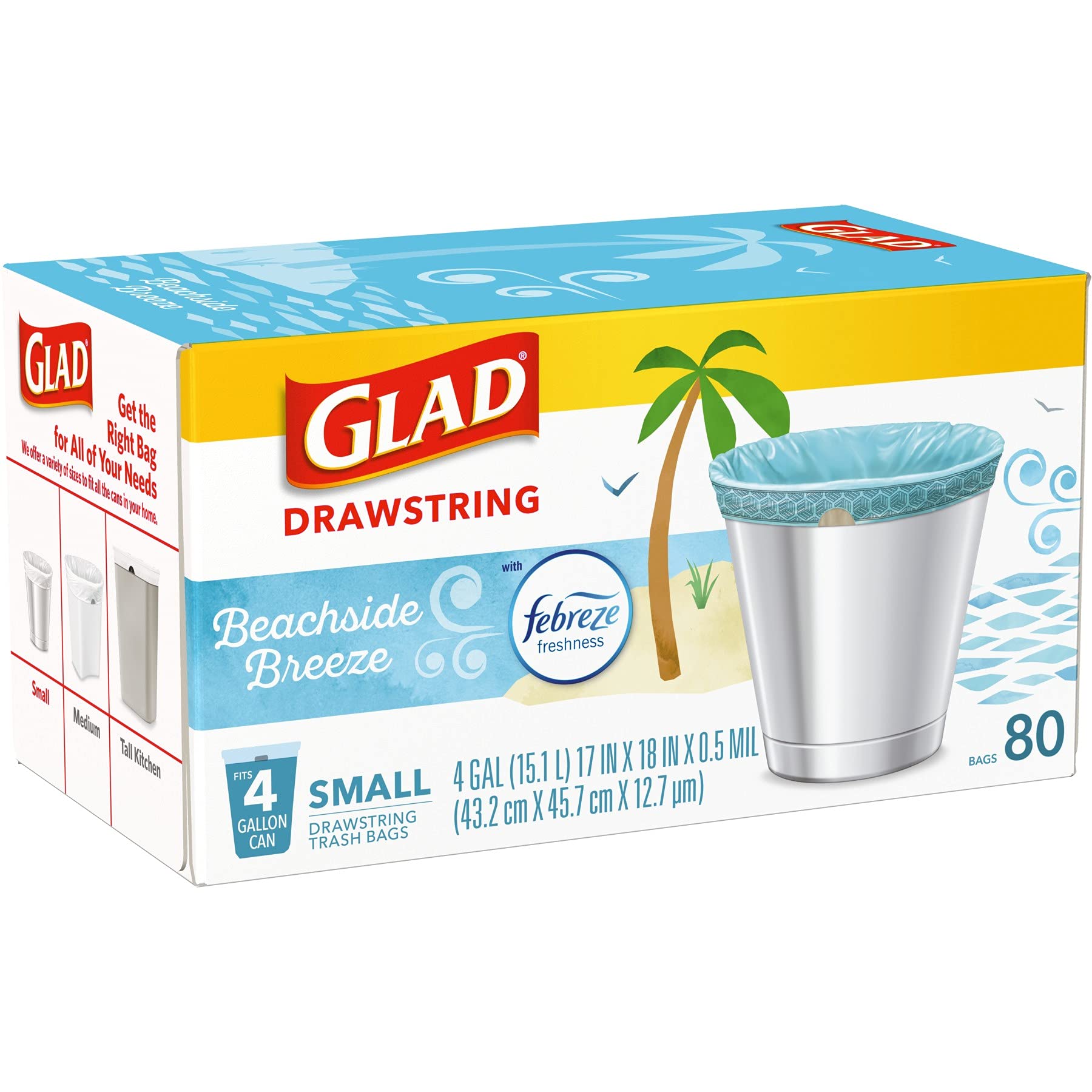 Glad Small Trash Bags 4 Gallon, Febreze Beachside Breeze Garbage Bags, Odor Resistant with Drawstring, 80 Count