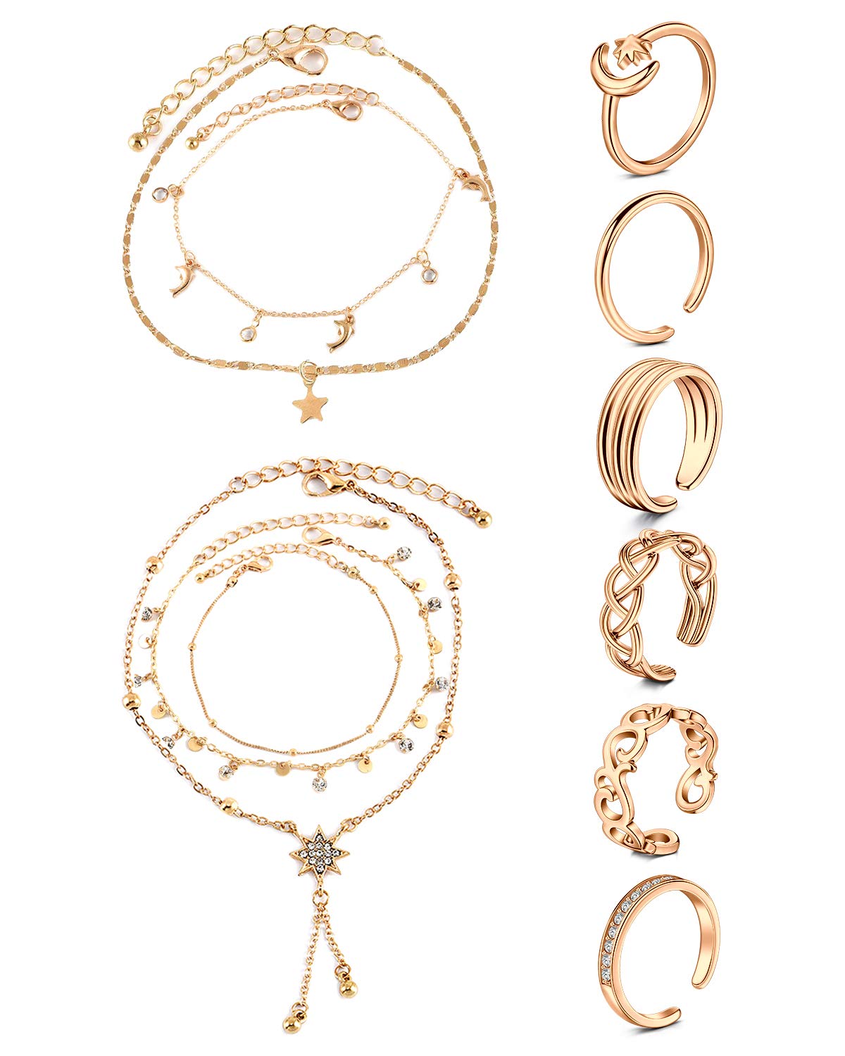 JFORYOU Anklets and Toe Ring Set for Women Girl Silver Rose Gold Chain Layered Anklets Toe Rings Ankle Bracelets Open Adjustable Toe Rings Beach Foot Jewelry