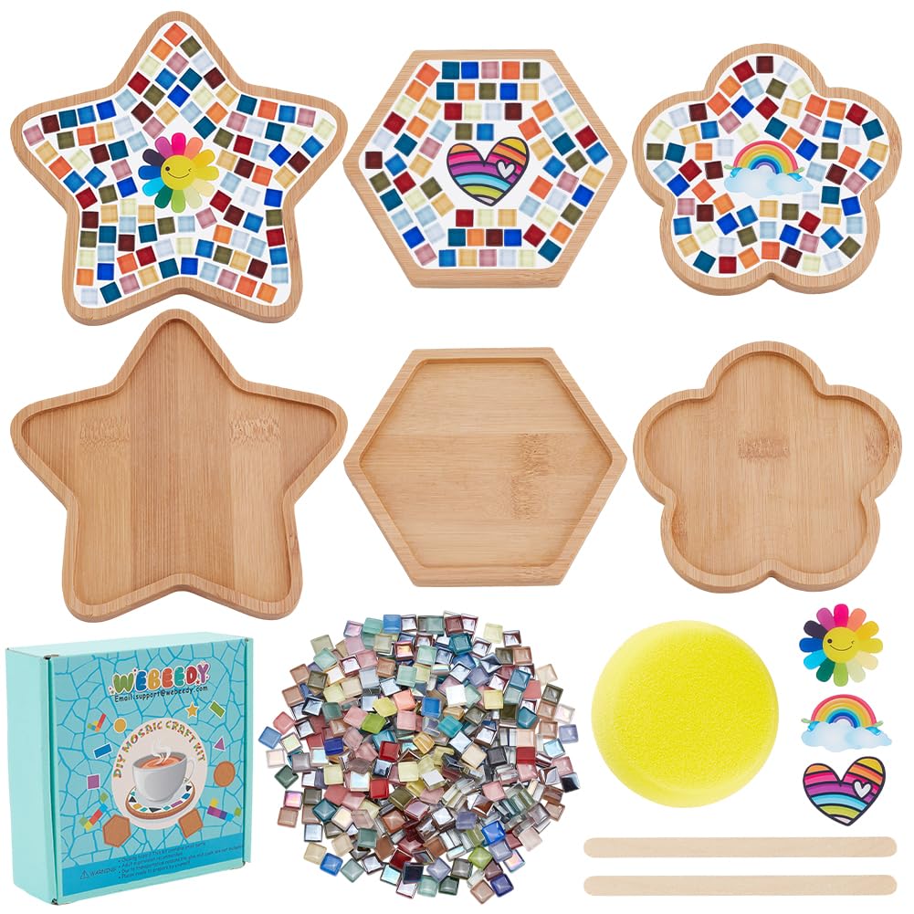WEBEEDY 3 Sets DIY Mosaic Coasters Kit Rainbow Theme Mosaic Making Kit with Instruction for Adult Beginner Mixed Color Mosaic Tiles with Bamboo Coaster Home Table Protection Valentine's Day Gift
