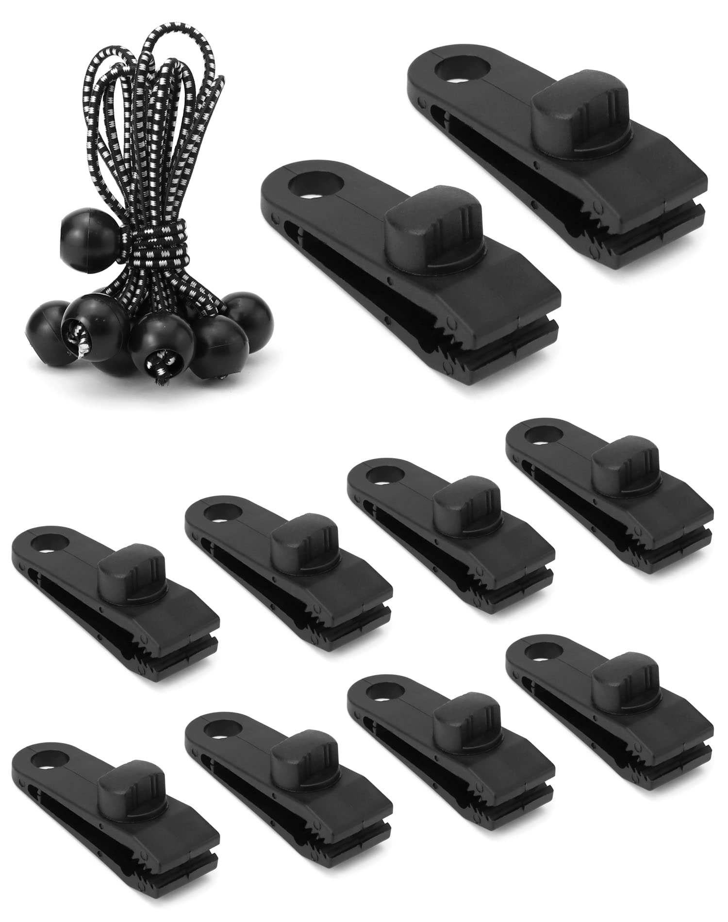 QWORK® 10 Sets Tarp Clip Awning Clamp and Strong Bungee Cord with Ball for Fixing Tarps, Awnings, Outdoor Camping, Caravan Canopies
