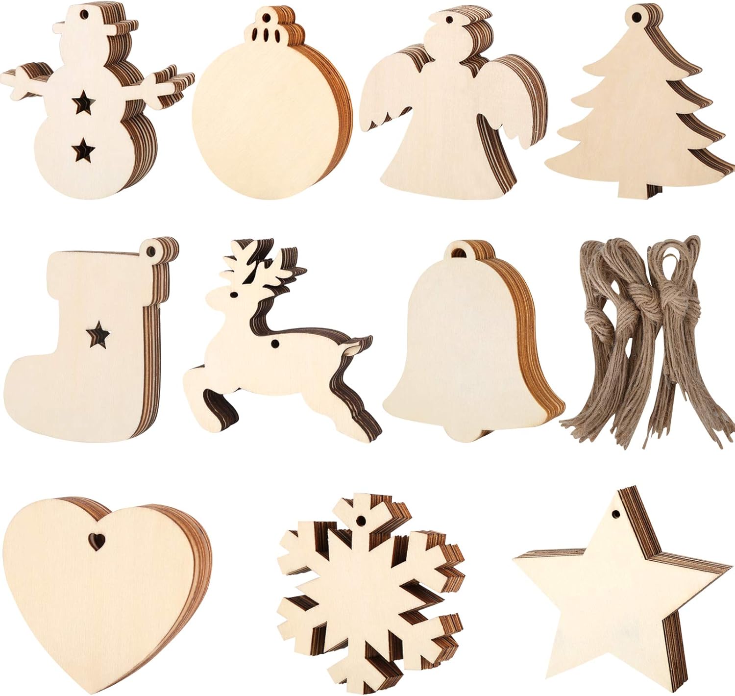 Ornaments - Wooden Ornaments – 100 pcs Ornament Decoration Kit for the Christmas Tree – Mini Wooden Decorations with Hanging Cords – Heart, Bell, Angel, Tree, Star, Snowflake, Snowman Assortment Pack
