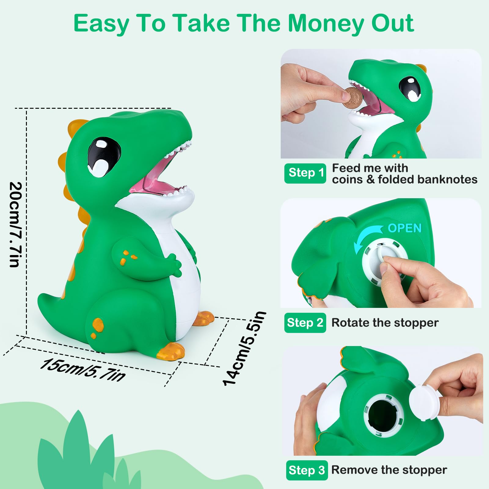 Dinosaur Piggy Bank for Kids Unbreakable Money Coin Bank for Boys Girls with DIY Stickers,Toddler Gifts for Birthday,Easter,Baby Shower,Green