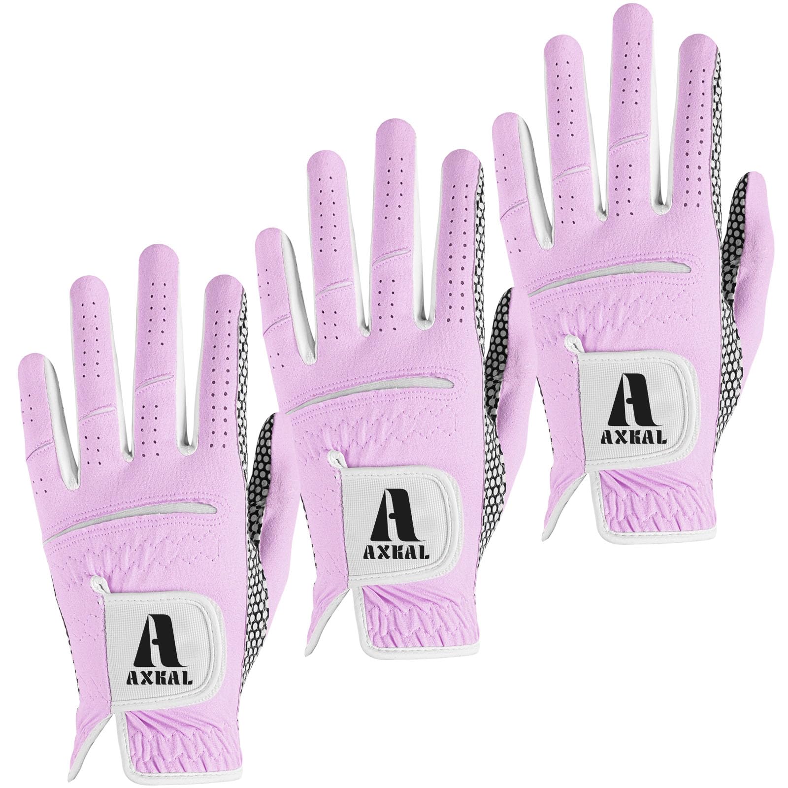 AXKAL Lady Golf Gloves Left Hand Women Ladies All Weather Weathersof Grip Fashion Printing Color Value 3 Pack, Golf Glove Womens Soft Breathable Performance for Golfing (Purple, M, Left)