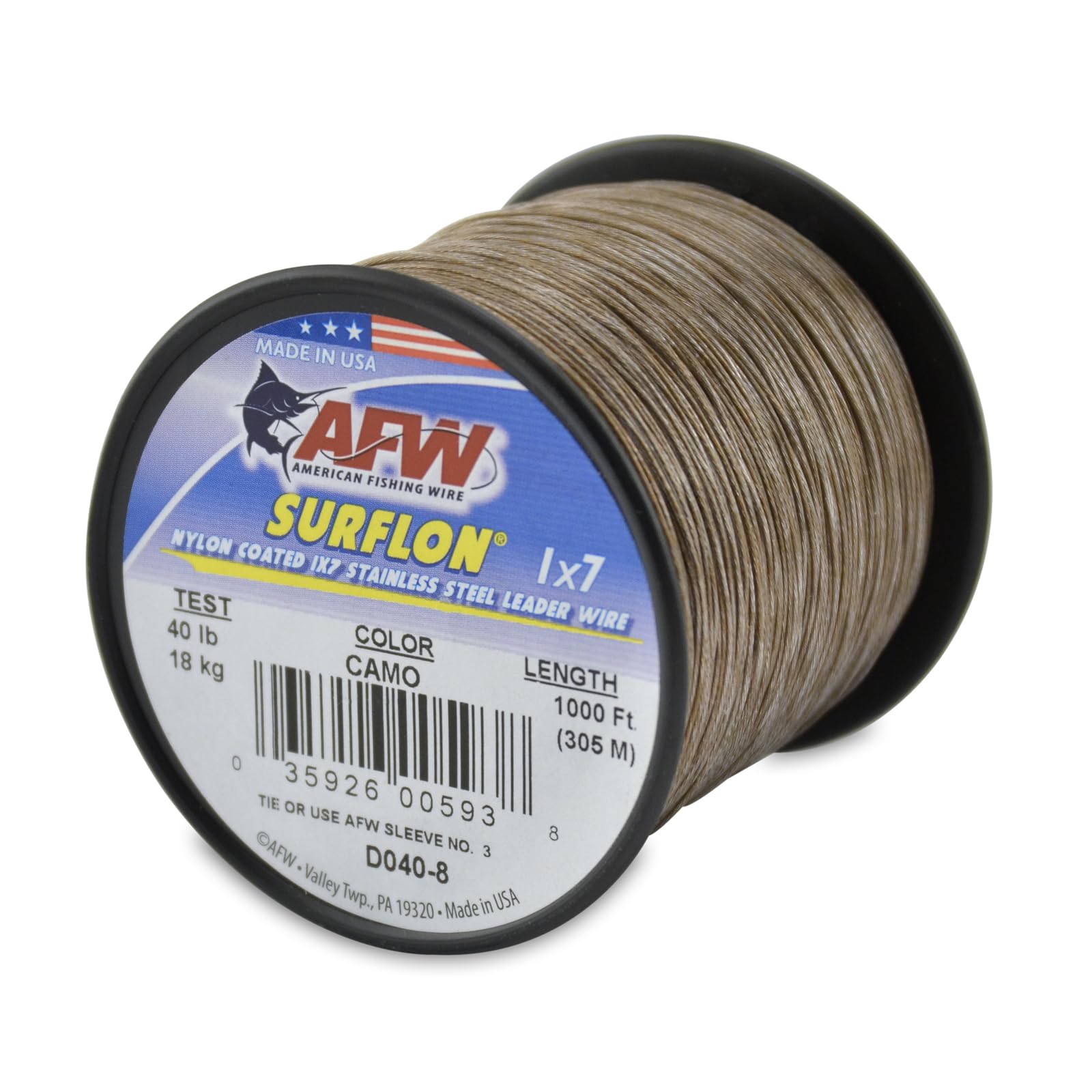 American Fishing Wire Surflon Nylon Coated 1x7 Stainless Steel Leader Wire, Camo Brown Color, 40 Pound Test, 1000-Feet