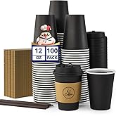 JOLLY CHEF 100 Pack 12 oz Coffee Cups with Lids, Sleeves and Stirrers, Disposable Black Hot Paper Coffee Cups for all Kinds of Beverages