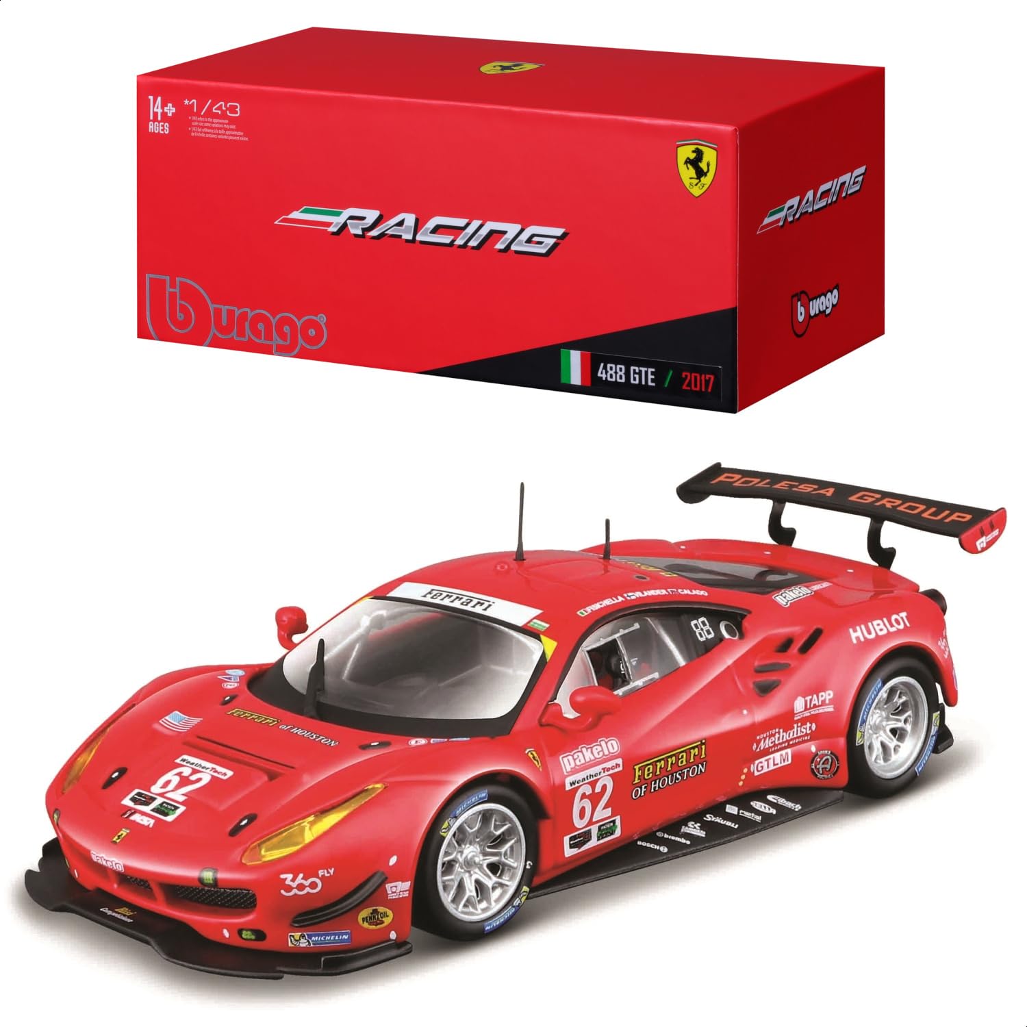 Bburago FERRARI RACING 488 GTE 2017 Super Car – 1:43 Scale – Incredibly Detailed Die-Cast Replica Collectible Model Vehicle, Red
