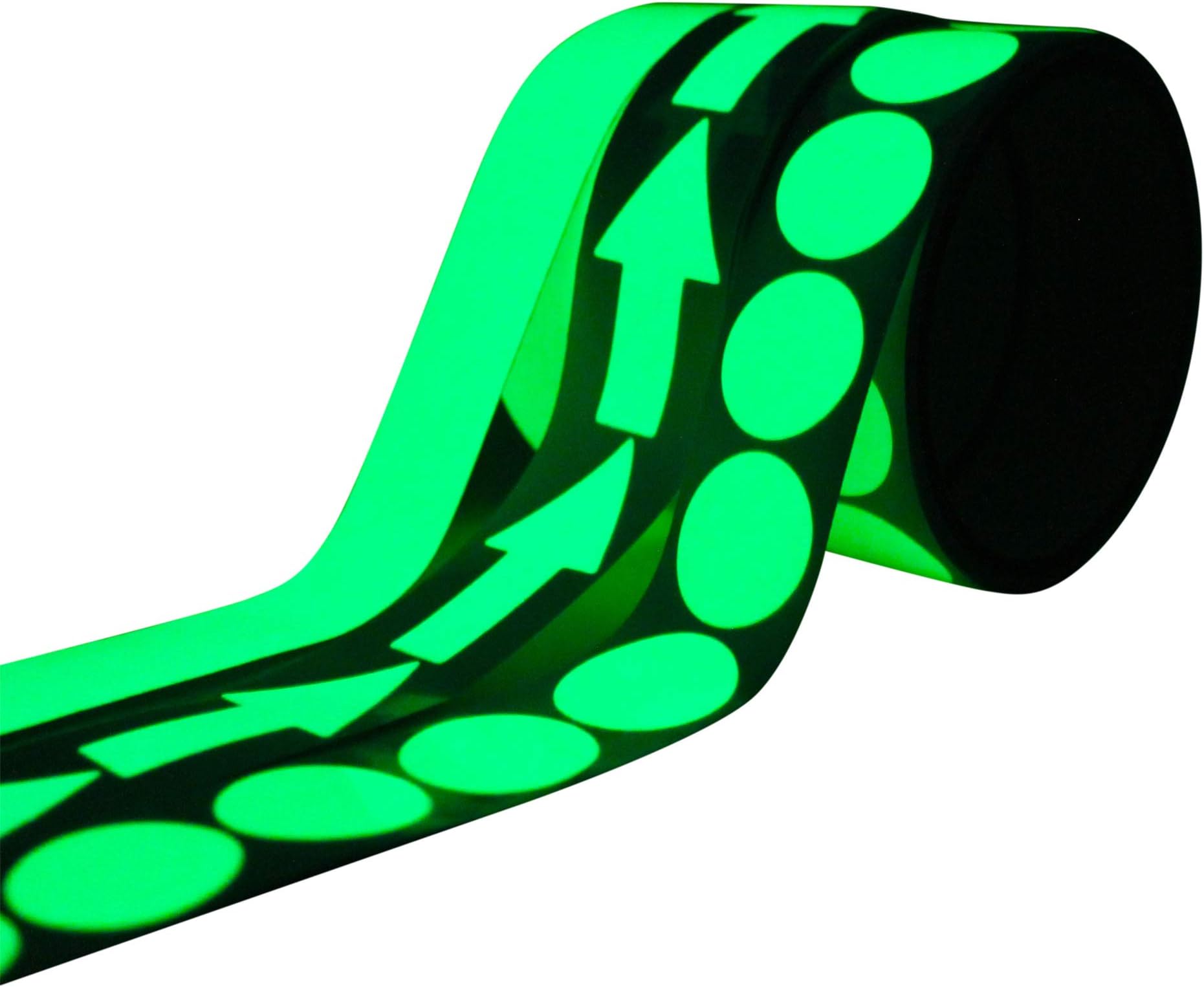 Glow in the Dark Luminous Tape + 110 Glow Dots + 60 Glow Arrows, each roll 10 ft long x 1 Inch wide, Long Lasting, Bright Fluorescent Green Glow by QUALYTY