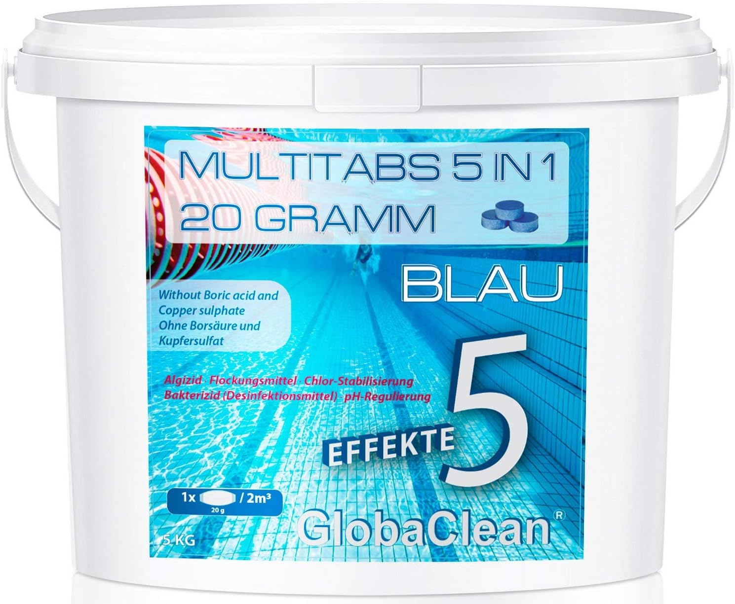 GlobaClean 5 kg Chlor Multitabs 5 in 1 20g Blau | Chlortabletten für Pool | Hochwirksame ...