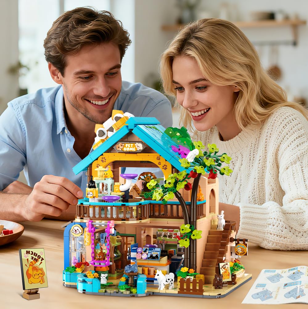 INSOON City Haustierladen Bauspielzeug mit Lichtern, Haustierhaus Klemmbausteine Spielzeug mit Katzen Hunden Kaninchen, 1431 Stück Tierladen Modell für Erwachsene Kinder Jungen Mädchen ab 10-12+ 8