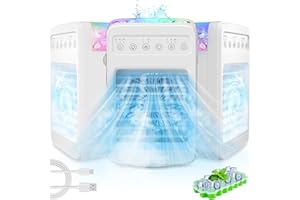 VERMINGET Portable Evaporative Air Cooler, Air Conditioners with Water Tank, Ice Cube Tray, 4-Speed, Oscillating Swamp Cooler with 2/4/6 Timer, Personal Small AC Cooling Fan for Room Office Car RV Desk