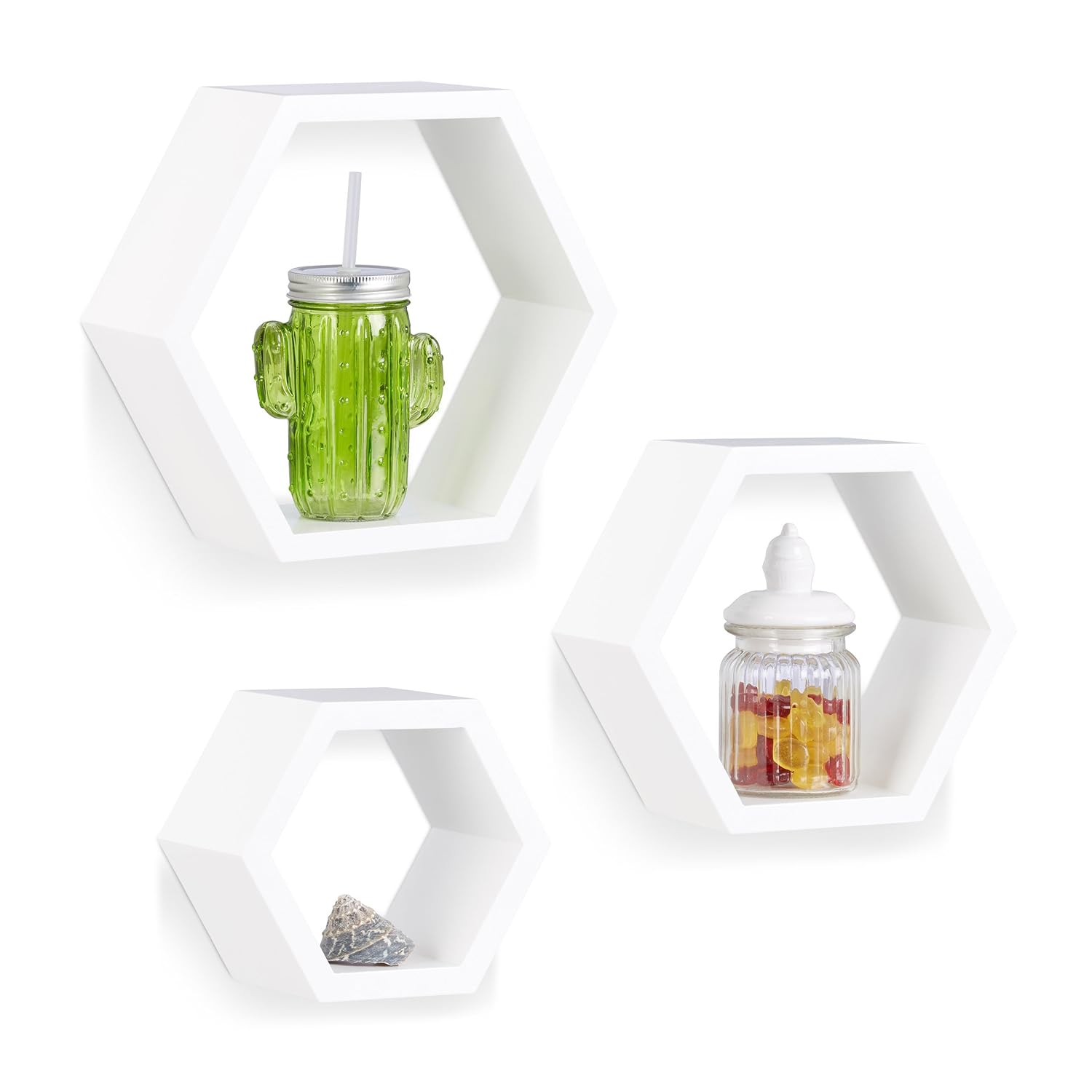 Relaxdays Hexagonal Wall Shelf, Hanging Wooden Bookcase Set of 3