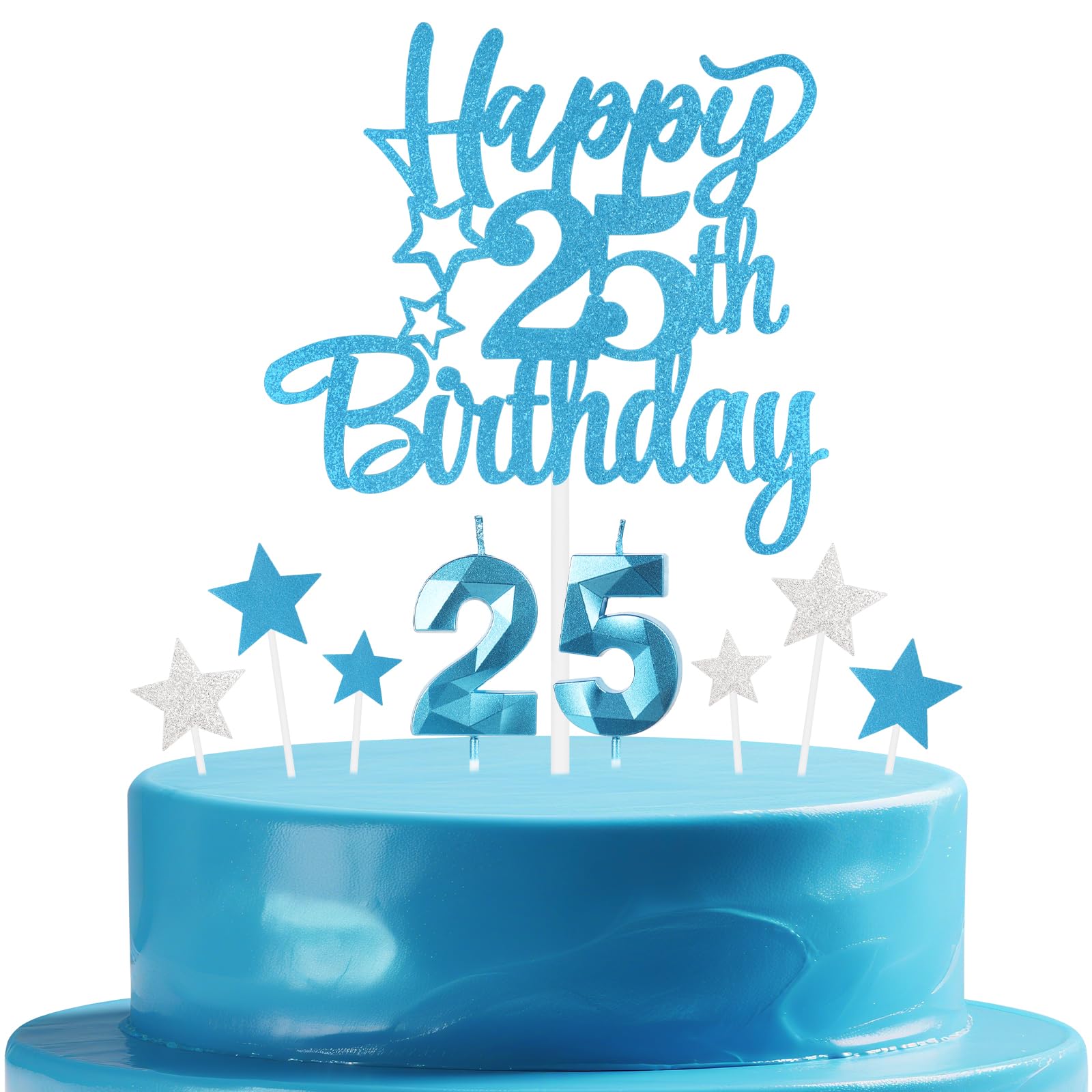 mciskin Blue 25th Birthday Candles Cake Toppers Set,3D Number 25 Candle for Cake,Light Blue Candles Silver Star Toppers for Girls Boys 25th Birthday Decorations Party Supplies