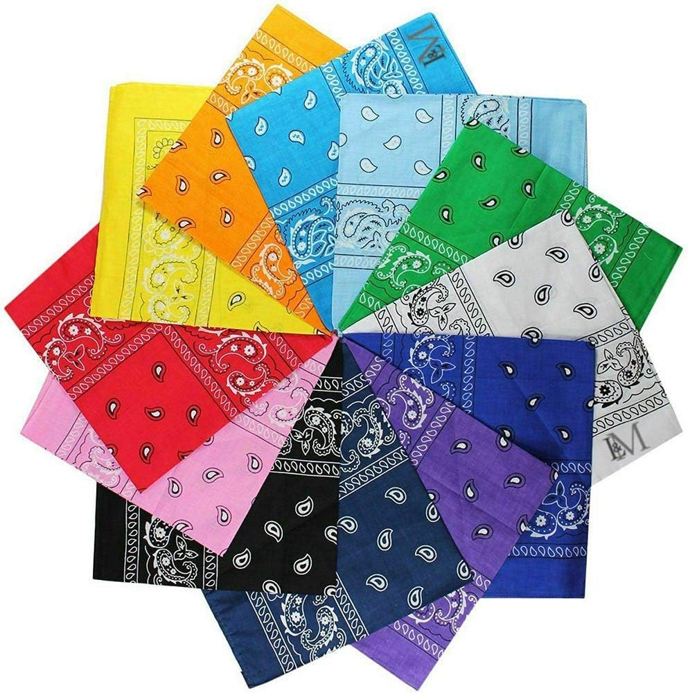 MOMODO Pack of 12 100% Cotton Large Non Fading Paisley Bandanas 22 x 22 in. 12+ Colors Random Colors
