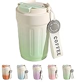 HOORMED 14oz Portable Vacuum - Insulated Coffee Mug with Ceramic Lining. Gradient Color. Carry - Cord. Leakproof. Easy to Clean. Good Heat Retention. For Coffee, Milk, Juice & Fruit Tea. (Green)