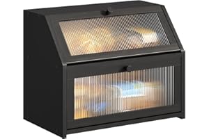 Double Layer Bread Box for Kitchen Counter，Black Large Capacity Bread Storage Bin，Bamboo Farmhouse Bread Storage Container wi