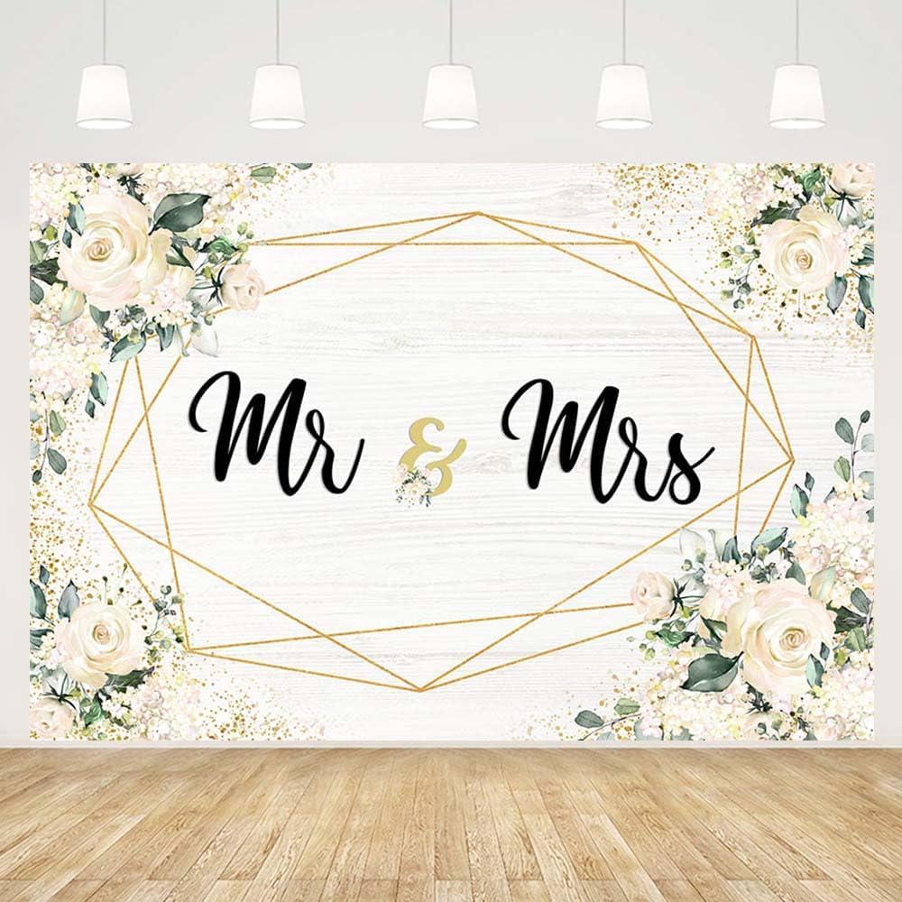 MEHOFOND 7x5ft White Floral Backdrop for Mr & Mrs Engagement Party Decorations Couples Wedding Photography Background Anniversary Ceremony Bridal Shower Banner Photo Booth Props
