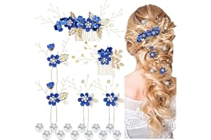 Cinaci 18 Pieces Bridal Wedding Party Prom Pearl Rhinestone Royal Blue Flower Hair Side Combs Slides+U-shaped Flower Hair Pins+Twist Spiral Hairpins Floral Headpieces for Brides Bridesmaids Women Girs