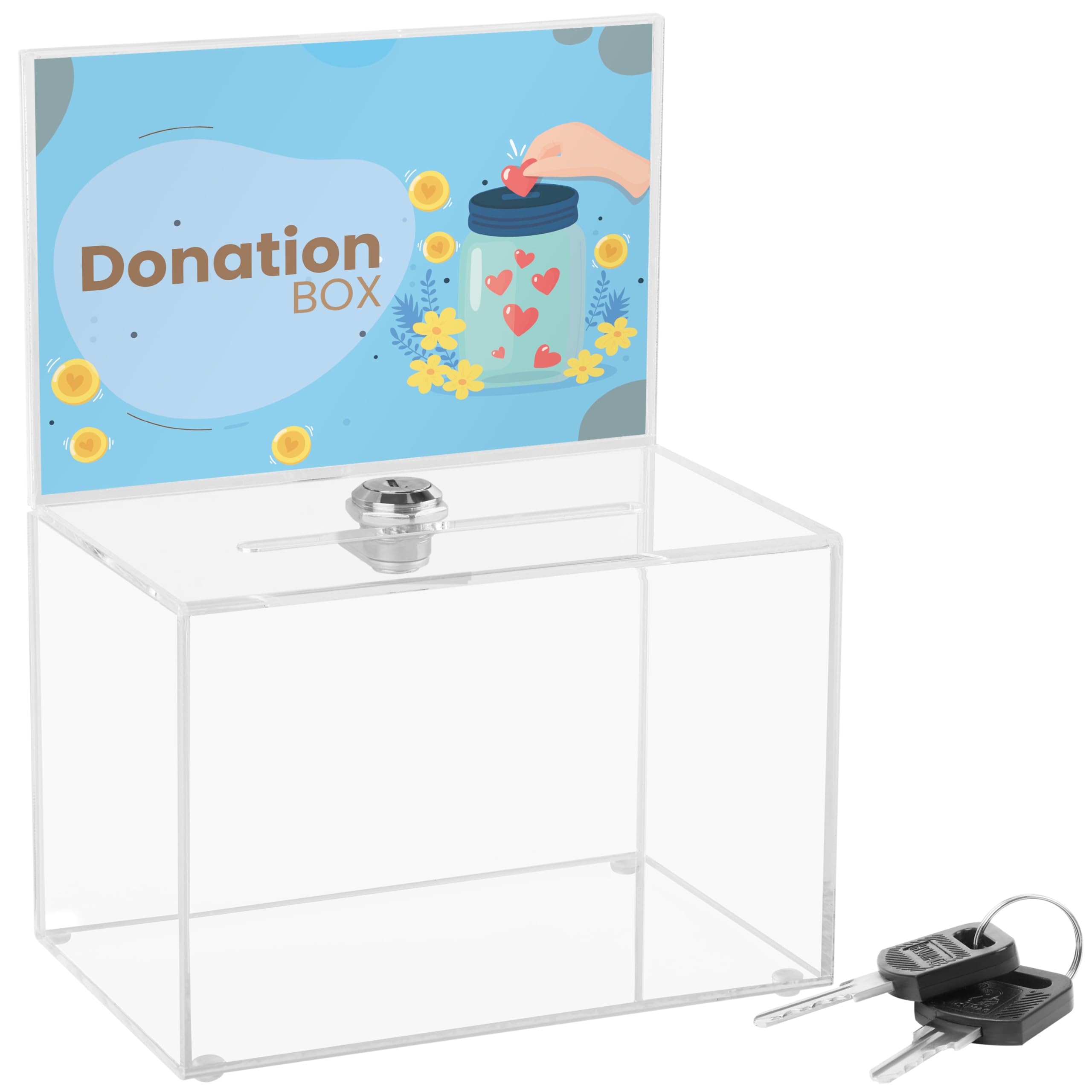 Belle Vous Clear Acrylic Donation Box with Lock, Keys & Sign Holder - 16 x 10 x 21.5cm/6 x 4 x 8.5 Inches - Acrylic Collection, Suggestion or Business Card Box