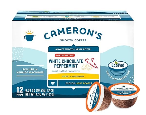 CAMERON’S COFFEE HOLIDAY SINGLE SERVE PODS, FLAVORED, WHITE CHOCOLATE PEPPERMINT, 12 COUNT (PACK OF 1)