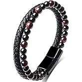 Adorashine Men's Braided Leather Bracelet, 8.3inch Black Braided Leather Stainless Steel Bracelets, Tiger Eye Natural Stone Lava Rock Beads Bracelets Gift for Men
