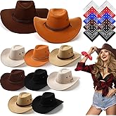 Coume 10 Set Cowboy Hat and Bandana for Women Men 10 Felt Cowgirl Cowboy Hat Bulk 10 Western Bandanas for Adult Costume Party
