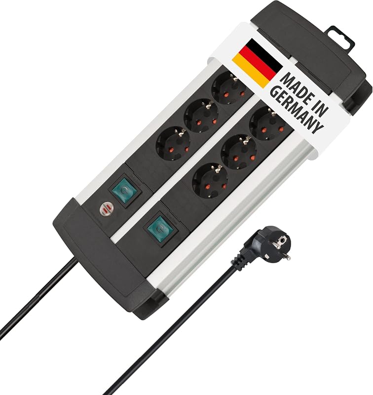 Premium-ALU-Line regleta enchufes con 8 Tomas y Interruptor Individual (regleta para Montaje en Pared, Cable de 3 m, 2X Interruptor Iluminado, Fabricado en Alemania)