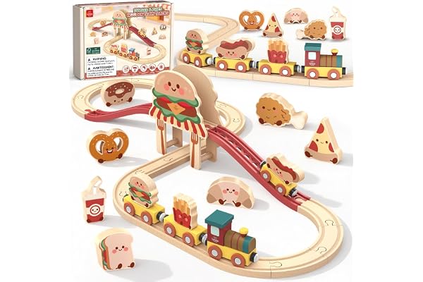 Lehoo Castle Wooden Train Set for Toddlers, Burger-Themed Train Track Set | Expandable Wooden Railway Playset, Compatible wit