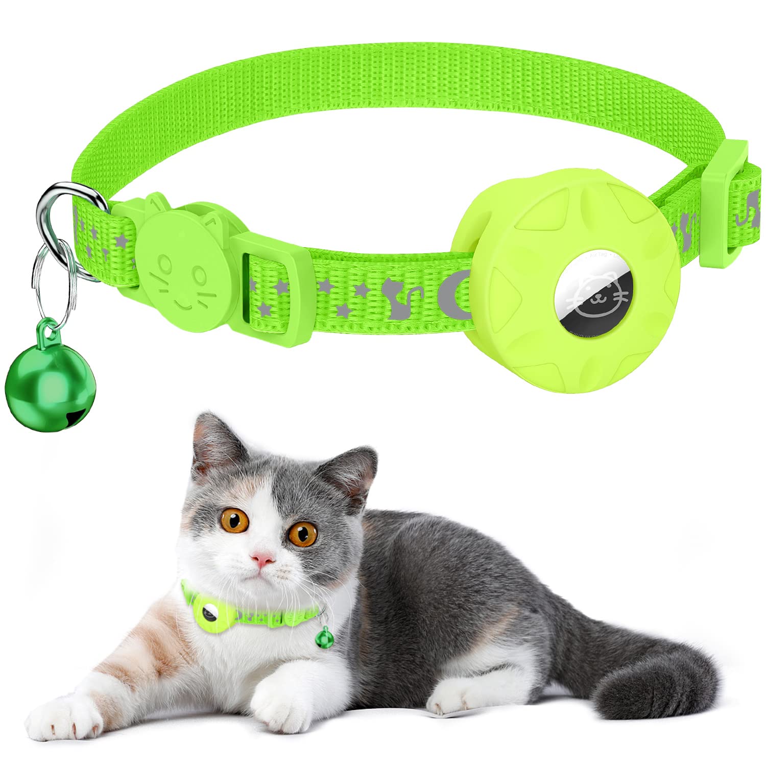 Simket Airtag Cat Collar, Refective Collar Cat with Safety Buckle and Waterproof Air Tag Holder in 3/8/'' Width, Cat Airtag Collar, Cat Collar Compatible with Apple Airtag Cat Dog Kitten Puppy, green