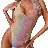 Exlif Women Colorful Fishnet Sparkly Bodysuit Sexy Rhinestone Mesh Teddy One Piece Lingerie
