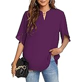 FUNLINGO Women's Summer Tops Short Sleeve Casual Shirts V Neck Chiffon Dressy Blouse Tops