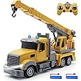 QuirkyGlee Remote Control Crane Truck Toy, RC Crane Truck 7 Channel 1:24 Construction Vehicles Toys，with One-Touch Lift Sounds & Lights, Two Rechargeable Batteries, Kids Cranes Toy for Boy Gift