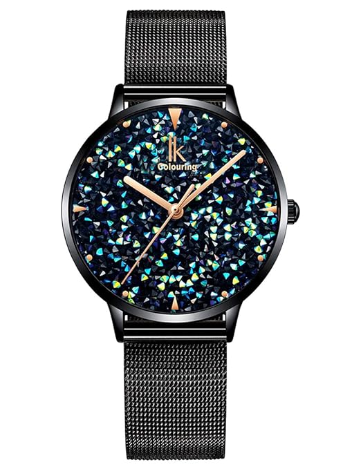 Alienwork IK Damen-Uhr mit Strass-Steinen und Milanaise Mesh-Armband