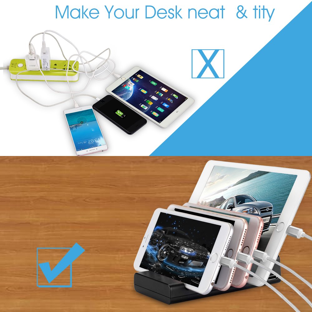 Estación De Carga USB-TOSCiDO 4 Puertos Soporte de Carga Multi Carga Inteligente Incluido El Cable De Carga Rápida 3 En 1 Para iPhone,iPad, Samsung, Smartphones, Tablets