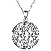 YAFEINI Flower of Life Necklace 925 Sterling Silver Abalone Shell Mother of Pearl Turquoise Black Onyx Flower of Life Pendant Jewelry for Women Men