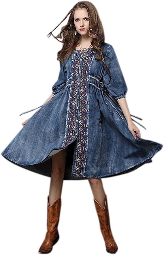 Amazon ベルク Veluc レディース ワンピース ドレス デニム ジーンズ アンティーク ボヘミアン ラグジュアリー インディアン M L L オリジナルメッセージカードセット ワンピース チュニック 通販