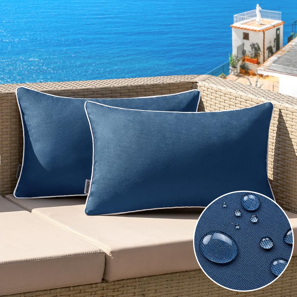 Photo 1 of MIULEE Pack of 2 Outdoor Waterproof Pillow Covers Decorative Lumbar Throw Pillows Solid Color Farmhouse Couch Cushion Covers for Patio Tent Bed Sofa Living Room 12x20 Inch Navy Blue