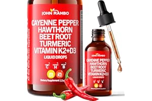 JOHN RAMBO Cayenne Pepper Liquid Drops, Organic Cayenne Pepper Extract with Hawthorn Berry, Beetroot, Turmeric, Vitamin K2 & D3 Supplement for Immune Support, Circulation & Overall Wellness, Gluten Free, 2 Fl Oz