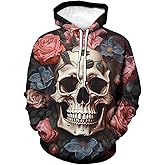 Srcnhim Retro Psychedelic Floral Skull Print Hoodies Hooded 3D Printing Skeleton Sweatshirts Pullover