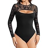 Avidlove Bodysuits for Women Round Neck Shapewear Bodysuit Long Sleeve Bodysuit Sexy Mesh Top Double Lined Cutout Shirt
