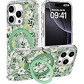 DEENAKIN for iPhone 16 Pro Max Case - Wireless Charging Compatible - Integrated Multi-Functional Kickstand - Protective Phone Case with Trendy Cute Designs for Women - Floral Greenery