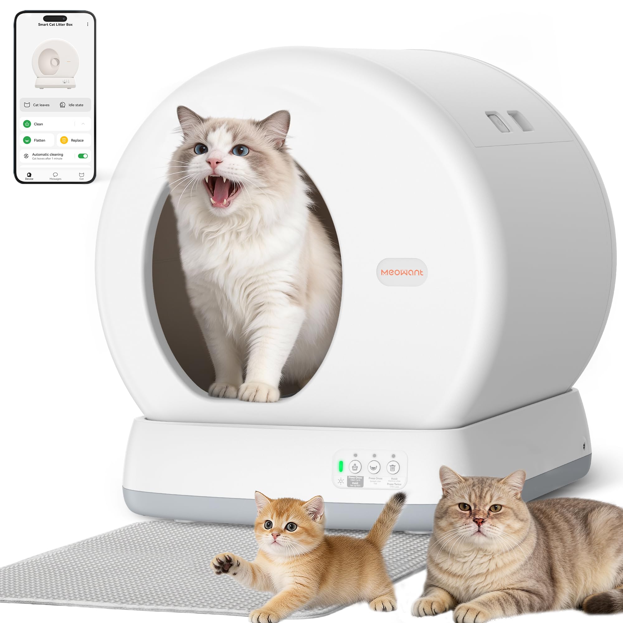 Photo 1 of ***FINAL SALE, VIEW NOTES*** MeoWant Self-Cleaning Cat Litter Box, Integrated Safety Protection Automatic Cat Litter Box for Multi Cats, Extra Large/Odor Removal/APP Control Smart Cat Litter Box with Mat & Liner