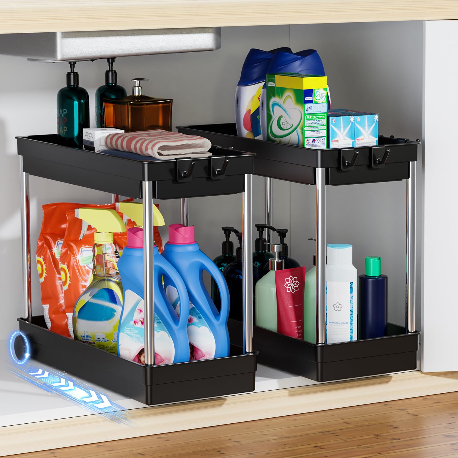 Cicilyna Under Sink Storage Kitchen Organizer, Stainless Under Sink Organizer Shelf with Hooks, 2 Tier Multi-Purpose Storage Organizer Rack for Kitchen, Bathroom & Countertop, 2 Pcs in Sliver