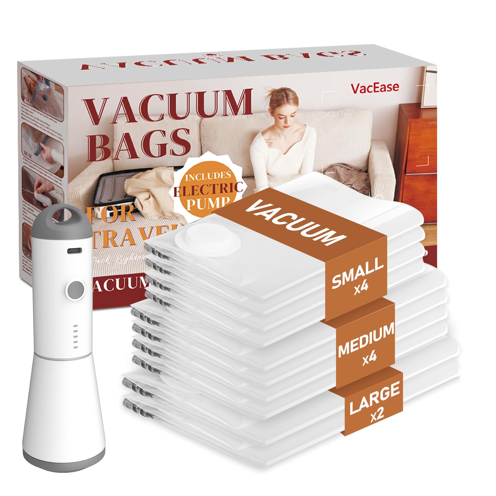 Vacbird Vacuum Storage Bags for Clothing Travel, 10 Pack Vacuum Bags with Rechargeable Cordless Air Pump(2 Large+4 Medium+4 Small), Compression Packing for Clothes Blanket Suitcase Luggage