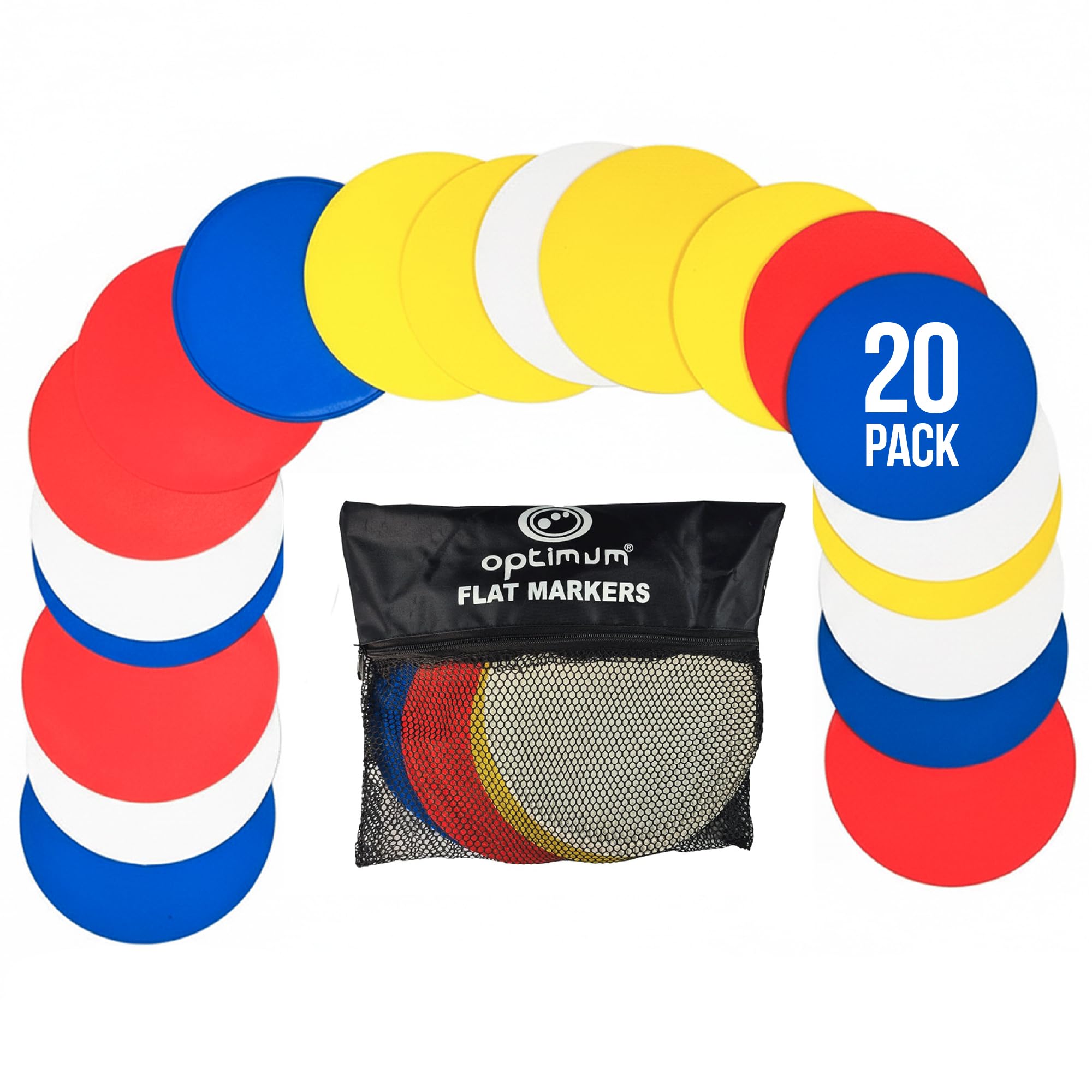 Optimum Flat Cones Disc Markers Pack of 20, Professional High-Visibility, Non-Slip Sports Cones with Mesh Carry Bag for Multi-Sport Drills Including Football, Basketball, Rugby, Dog Training & More