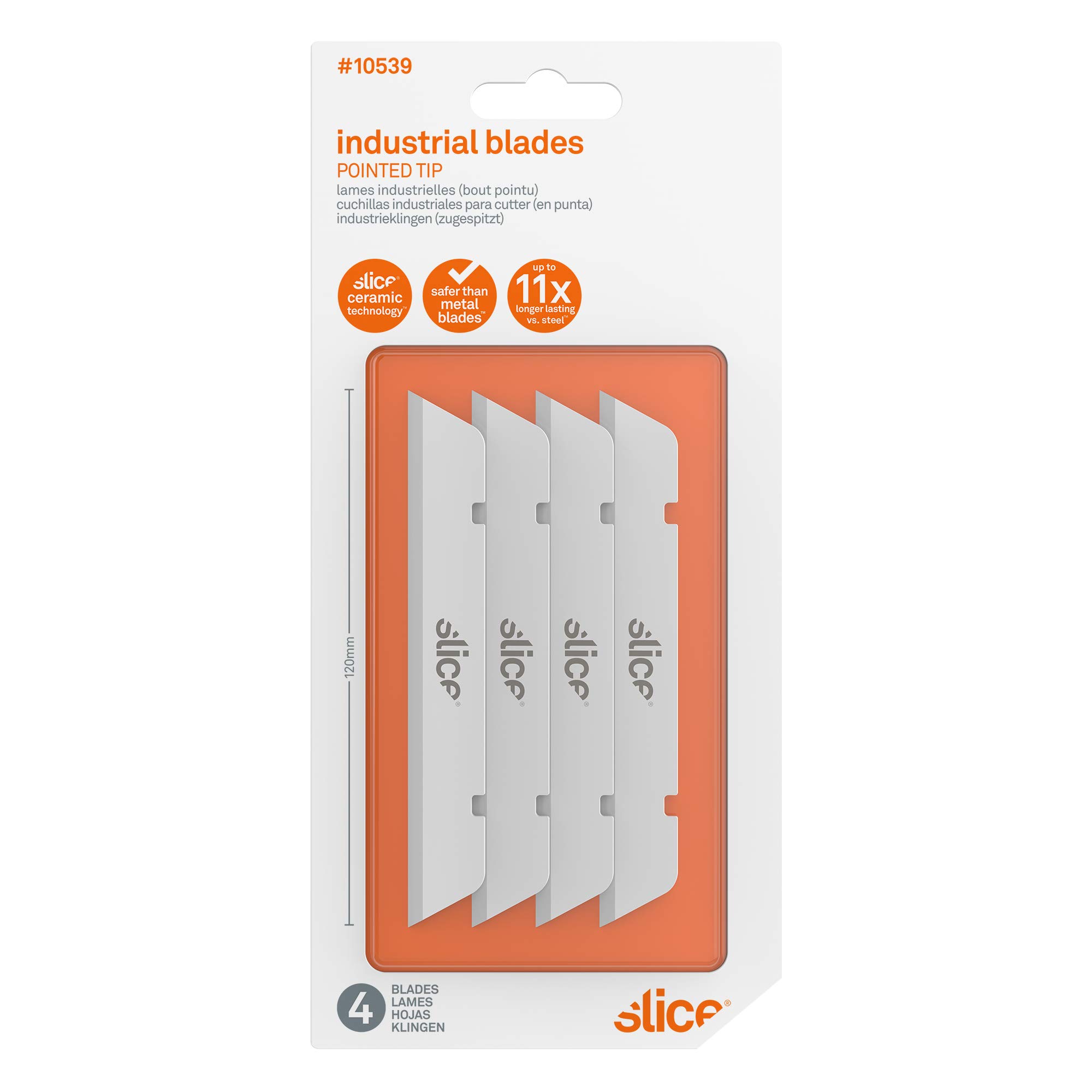 Slice 10539 Extra Long Industrial Blades (Pointed Tip), Finger-Friendly Safety Ceramic Blade - Ideal for Insulation, Batting, Foam - Pack of 4 Blades